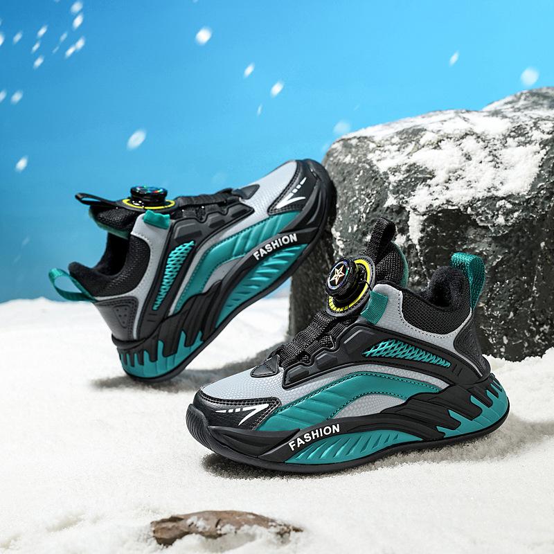 

2025 Мальчики Кожаные Две Хлопковые Кроссовки Зима Средние и Пожилые Детские Флисовые Вращающаяся Кнопка Повседневные и Легкие Одноклассник 40