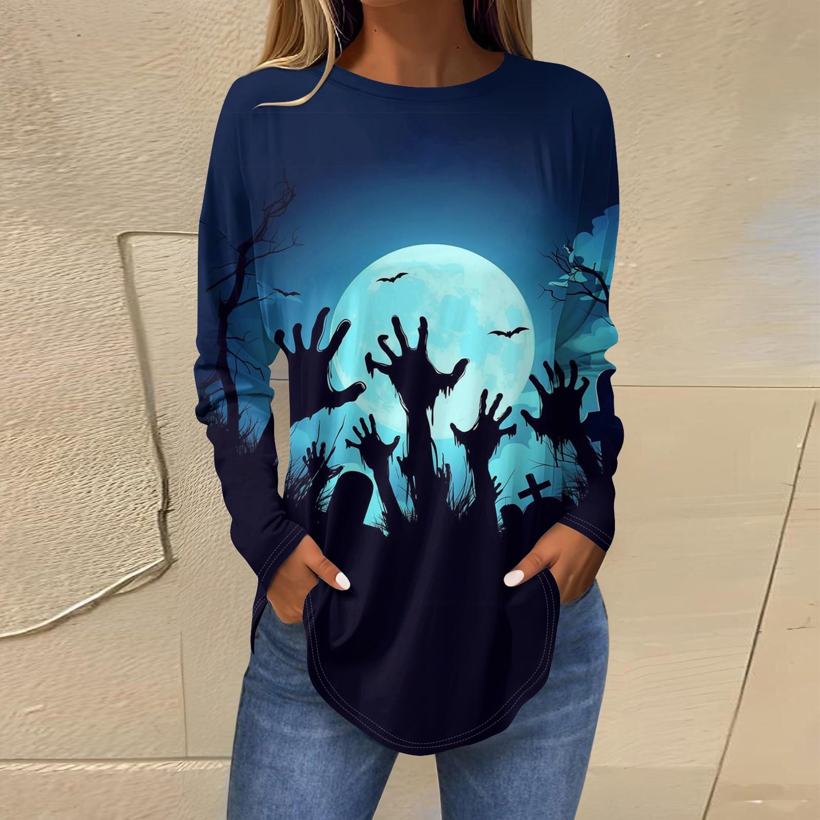 

Футболки для женщин, осенние повседневные рубашки с длинными рукавами, толстовка, винтажный топ с графическим принтом, пуловер на Хэллоуин L синий