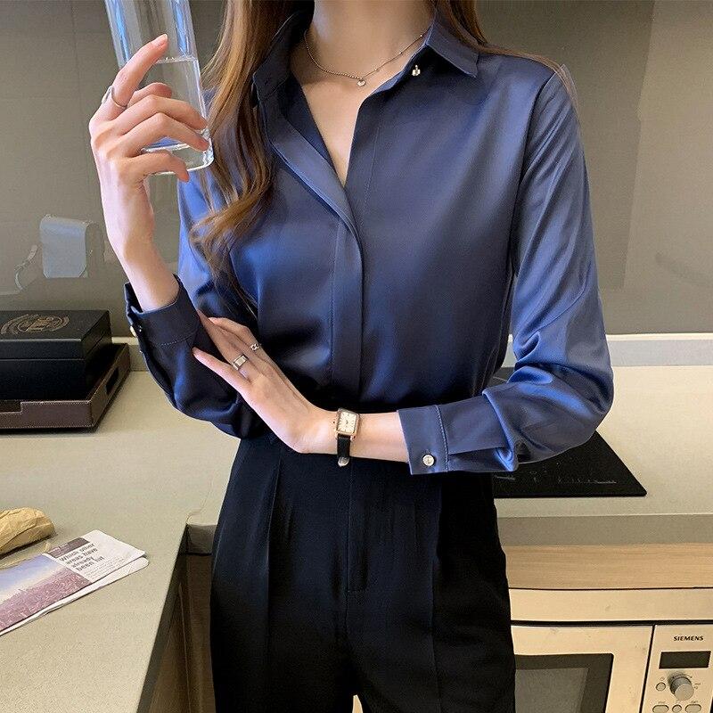 Silk Shirts Women White Shirt Women Long Sleeve Shirts Blouse Office Lady Satin Silk Blouse