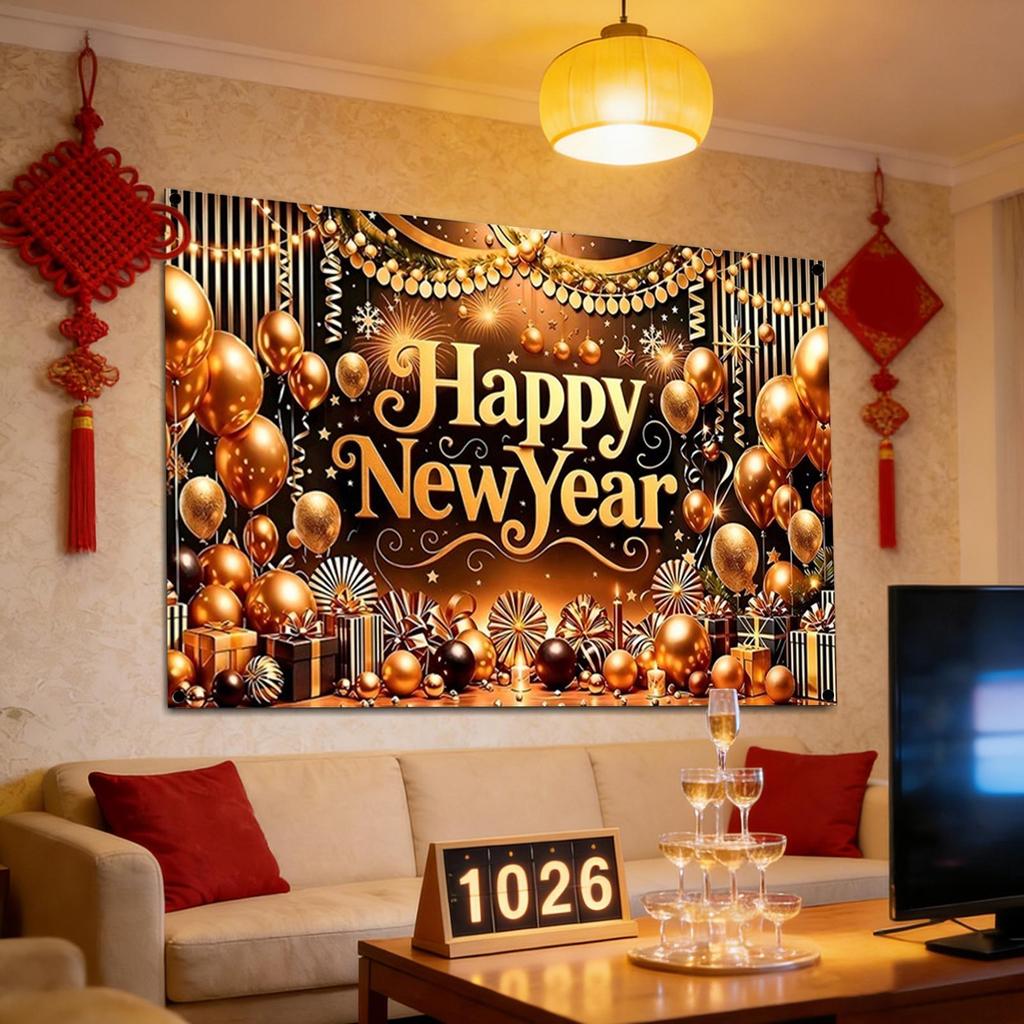 New Years Photo Backdrop 2D Print Golden Balloons Poster Backdrop 39x59in Happy New Year Sign 2026 for Graduation Prom Holiday