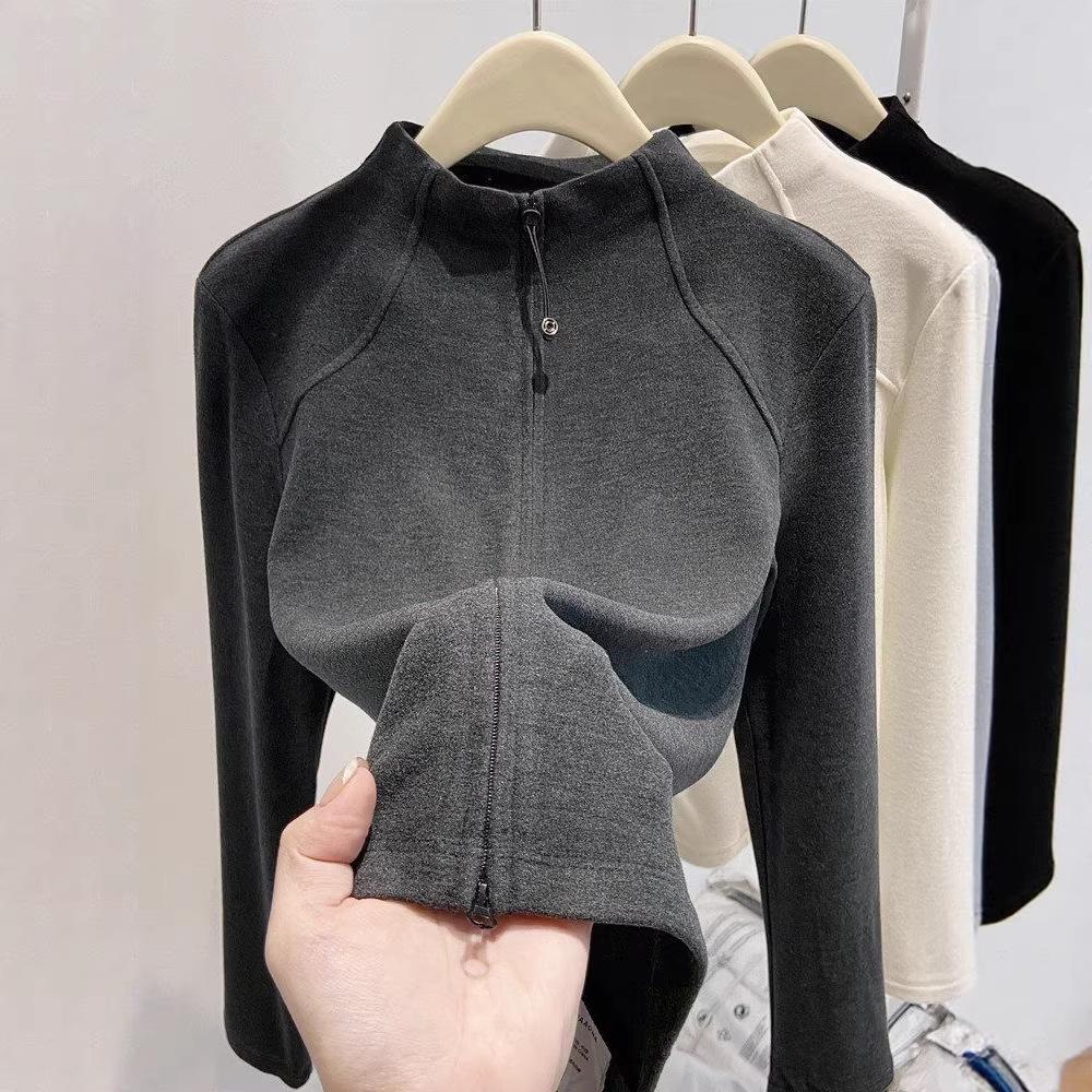 Women's Mock Neck Long Sleeve Knit Top Slim Korean Casual Double Zipper Thermal Cardigan Layering Shirt