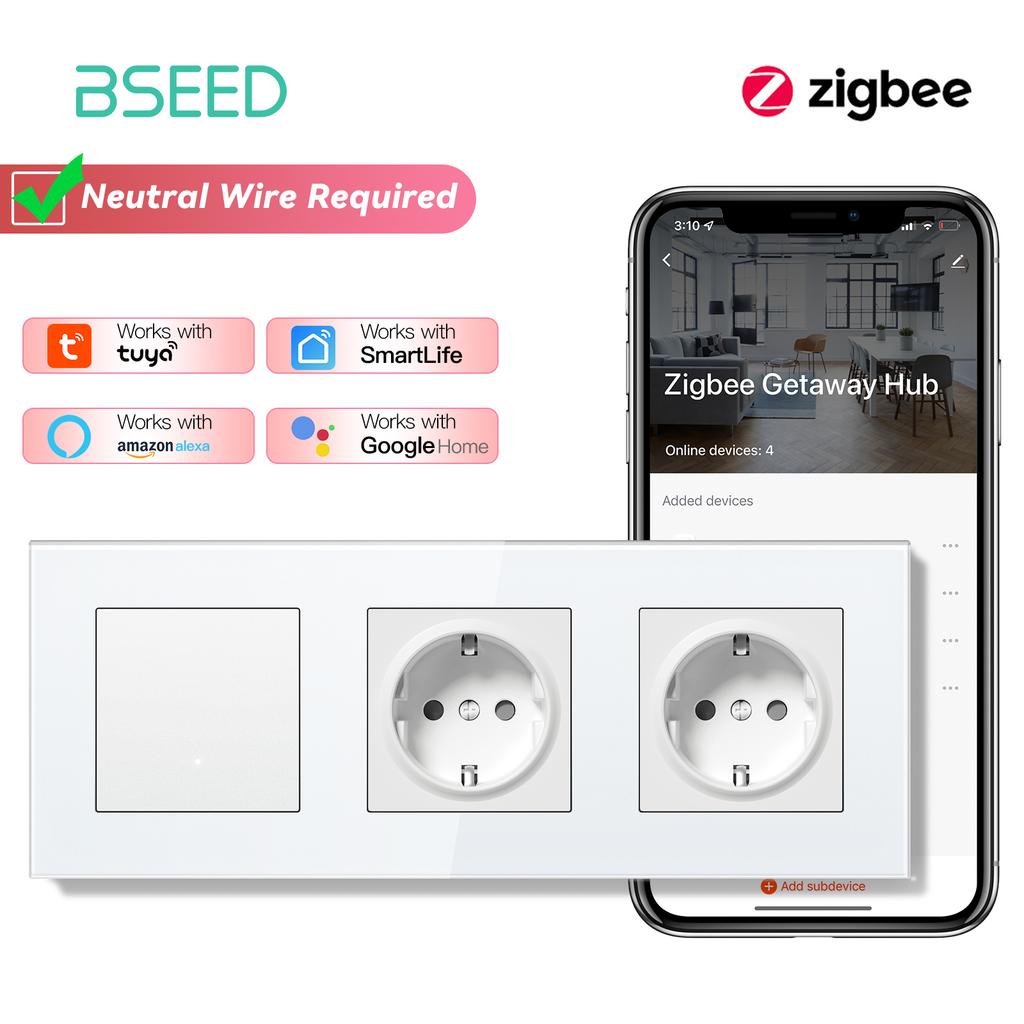 BSEED ZigBee Switches Wall Smart Click Light Switches Yellow Backlight Glass Frame Tuya APP Switch EU Wall Sockets with USB