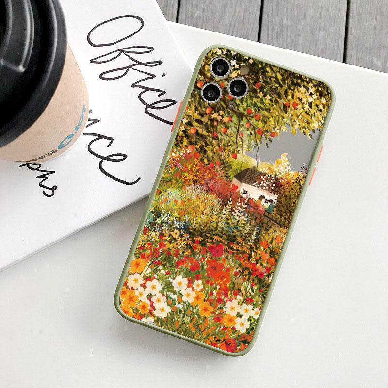 Retro Scenery Painted Phone Case For iphone 16 7 8 Plus SE2 X XS XR 16 14 12 13 11 Pro Max Large Flower Fields Log Cabin Covers