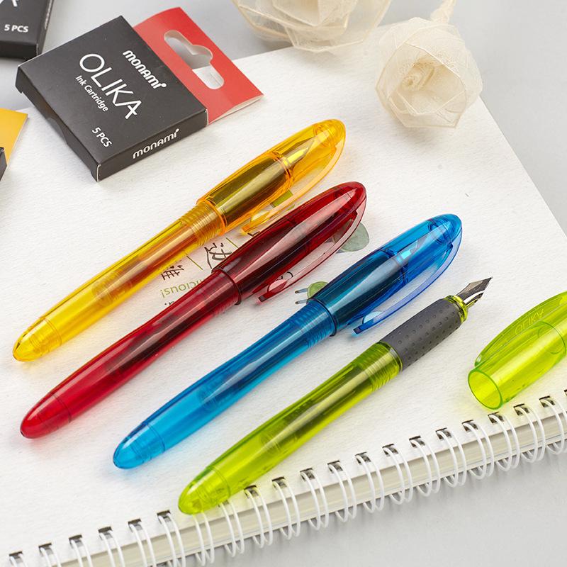 Monami OLIKA Fountain Pen for Students - White, Transparent, Black, Red with Fine Nib