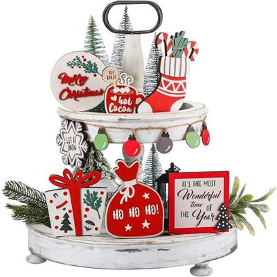 8 peças de bandeja em camadas de Natal, conjunto de decoração de suspensão de placa de madeira, meia de floco de neve, placa em camadas de madeira, centro de mesa de feriado