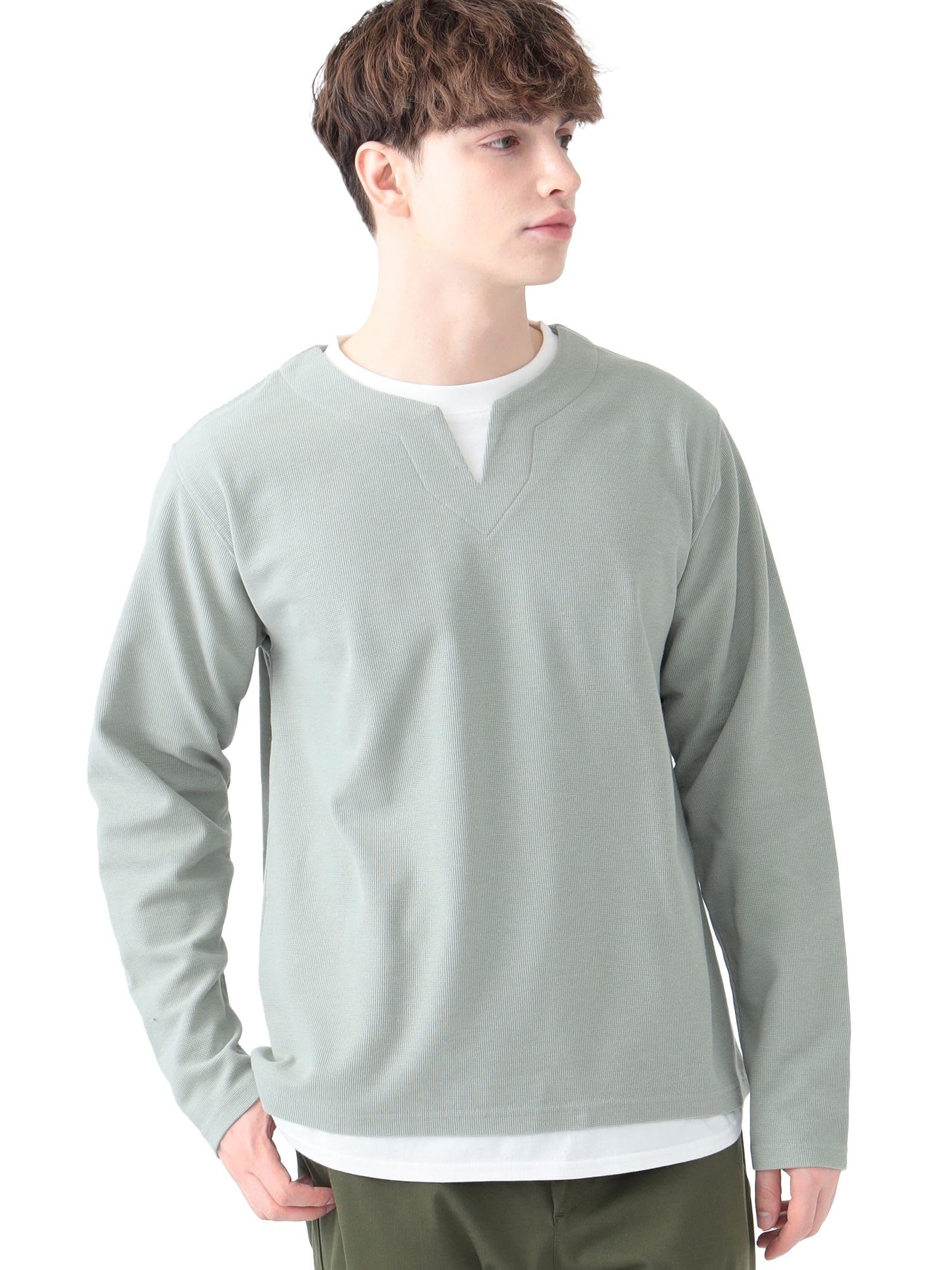 

Футболка с длинным рукавом из искусственного слоя вафельного джерси [Beams Heart] L/S Футболка мужская SMOKE_GREEN