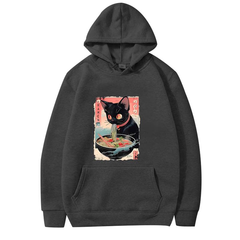 Funny Cat Eating Noodles Hoodie 2025 Men Women Fashion Vintage Long Sleeve Sweatshirt with Print Graphic Oversized Hoodie Unisex