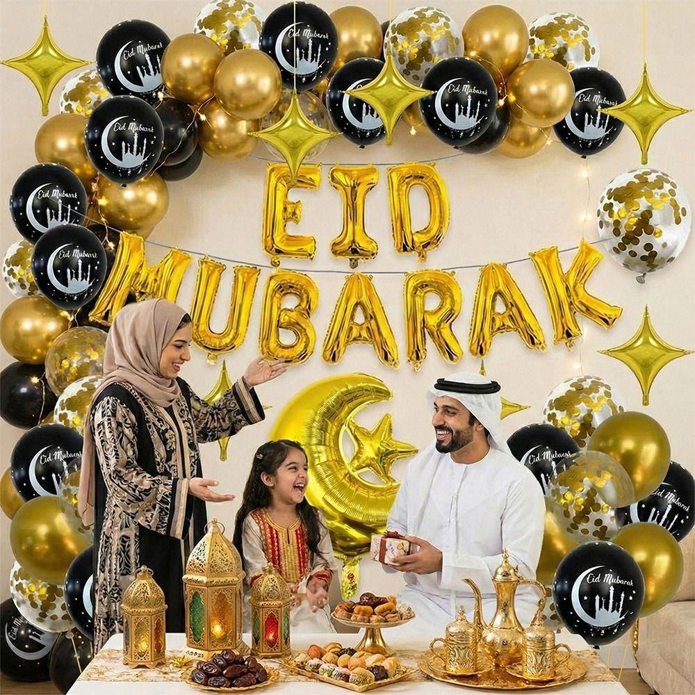 Multicolor Eid Mubarak Balloons Latex Printing Star Moon Foil Balloon Photo Props Venue Setup Festival Banner Home Decoration