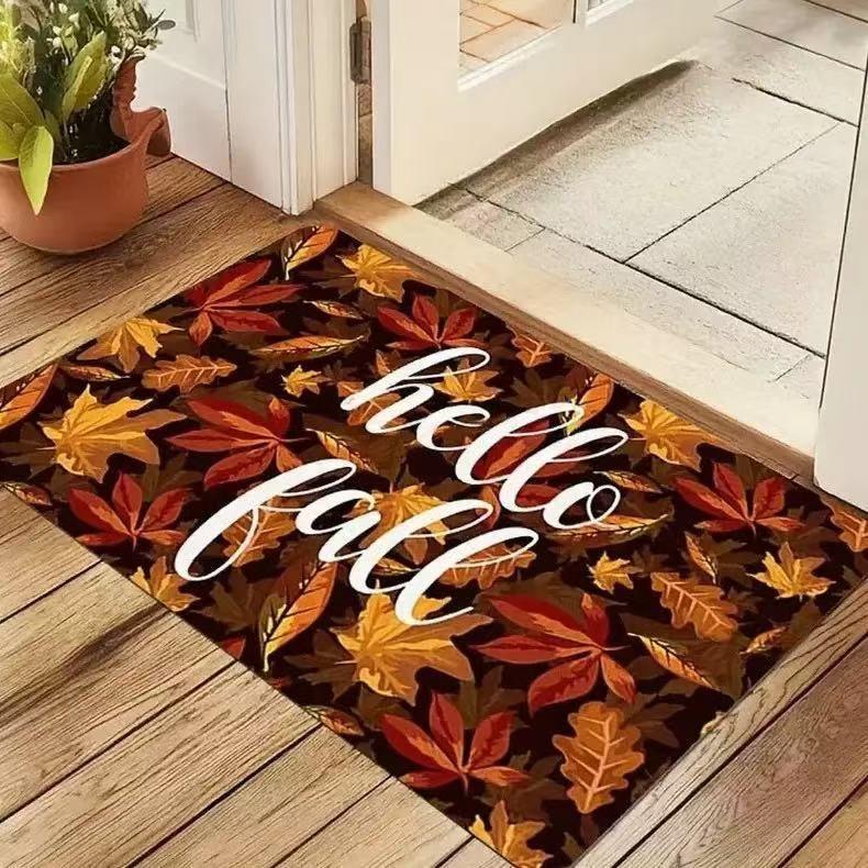 Autumn Theme Door Mat With Pumpkin Maple Leaf Sunflower Patterns Soft Decorative Entryway Rug For Home Indoor Outdoor