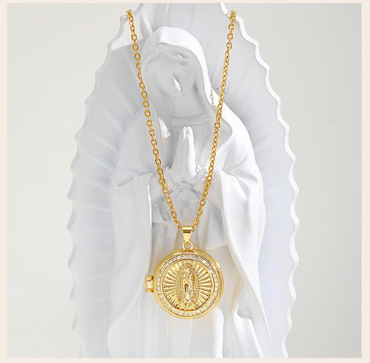 Runde Zirkonia Jungfrau Maria Verschlossener Anhänger Halskette für Damen, Kein Foto, Verstellbare Gliederkette Schmuck