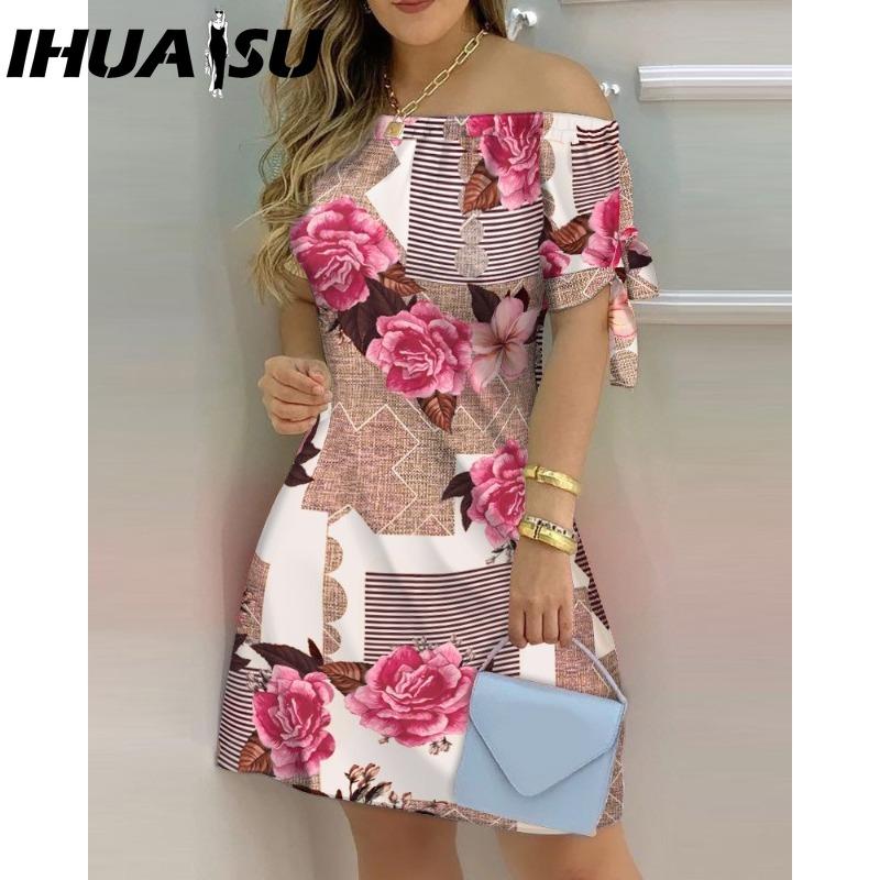 IHUASU Women Fashion Off Shoulder Dress Short Sleeve Bow Tie Print Dresses Summer Beach Dresses Plus Size
