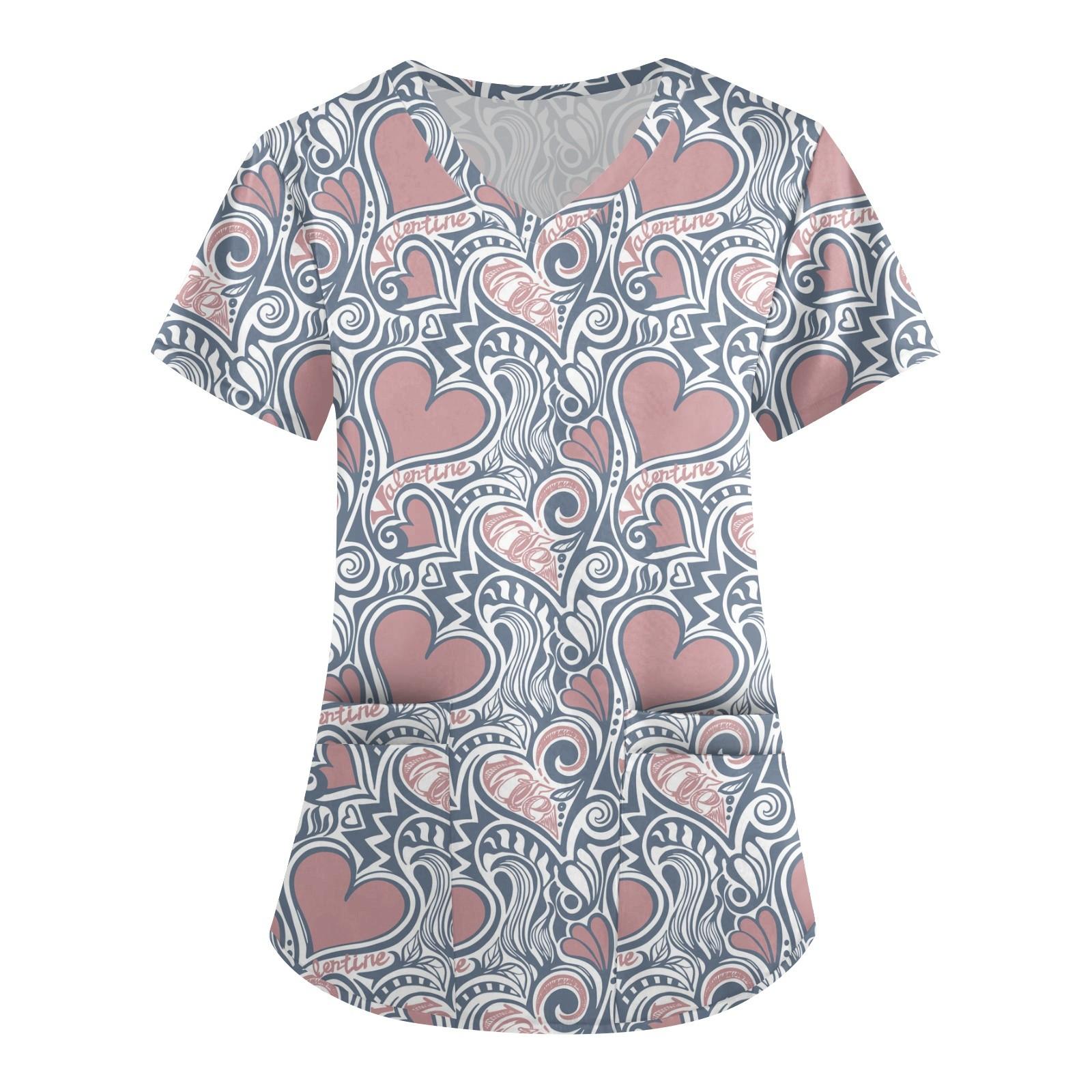 

Женская симпатичная принтованная рабочая одежда с V-образным вырезом, двухслойными карманами, базовым коротким рукавом, пуловером ко Дню святого Валентина XXXXXL