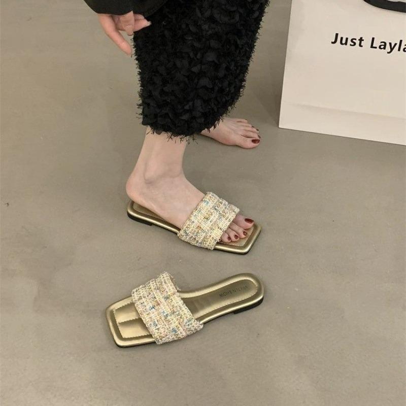 Fashion 2025 Flat Slippers Women's New Summer Square Head Woven Seaside Holiday Beach Shoes Non-slip Open-toe Large Size Women's Shoes