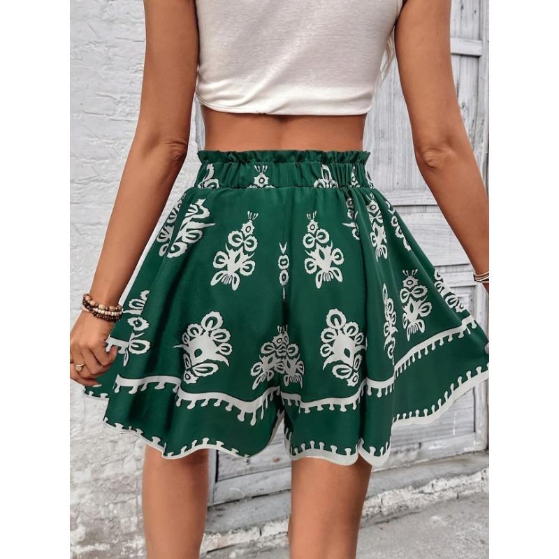 Fashion Summer Bohemian Vacation Women's Wide Leg Shorts High Waisted Casual Loose Female Shorts Printed Vintage Women's Beach Pants New