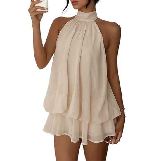 Women's Halter Neck Chiffon Mini Dress Summer Sleeveless Cocktail Party Dress Ruffle Wedding Guest Dress