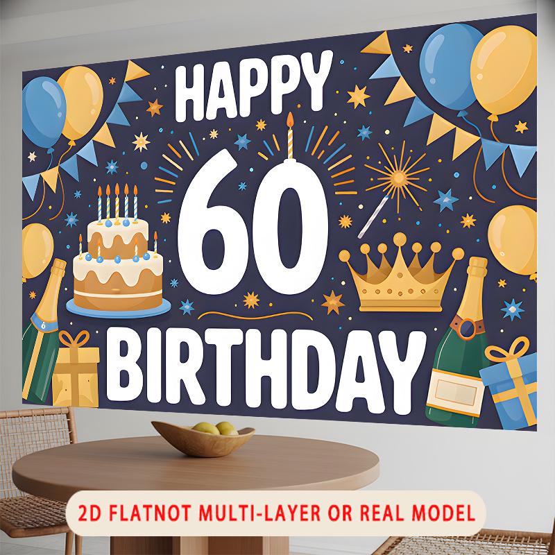 Party Backdrop Happy 60Th Birthday Birthday Fireworks Crown Blue 60th Photo Booth Background Wall Decor