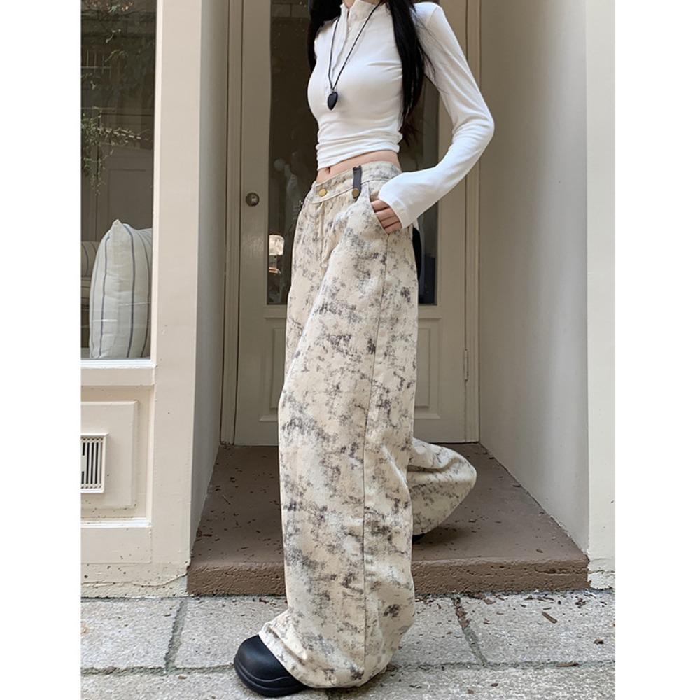 Niche Design Sense New Chinese Casual Jeans Women's Autumn High Waist and Thin Floor Pants Straight Wide Leg Pants