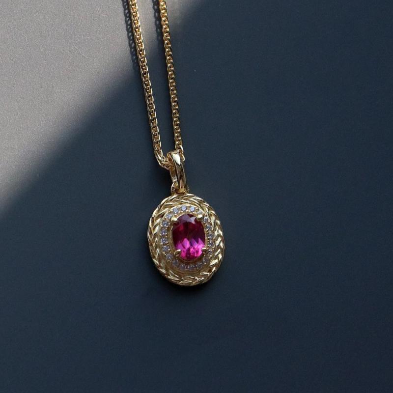 

Creative Design Inlay Diamond Pink Gemstone Necklace Pendant Sweet Style Exquisite Oval Collar Chain Wedding Jewelry Gifts 45cm