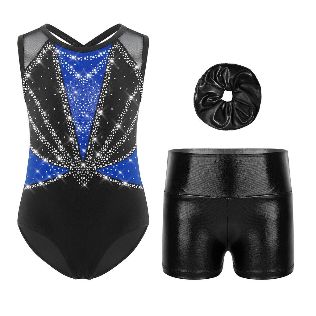 Girls Dance Performance Set Shiny Rhinestones Sleeveless Crisscross Back Leotard Metallic Shorts Headwear