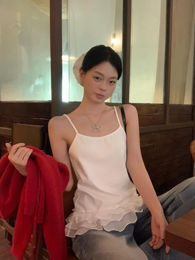 Pure Desire Cotton Lace Ruffle Camisole: Women's White Tank Top for Spring/Summer - Spicy Girl Style
