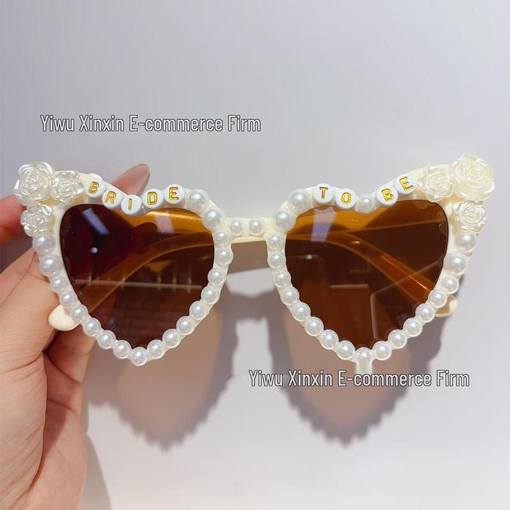 Crystal Heart Bride Sunglasses with Rhinestones & Pearls - Women's Bachelorette Party Accessory