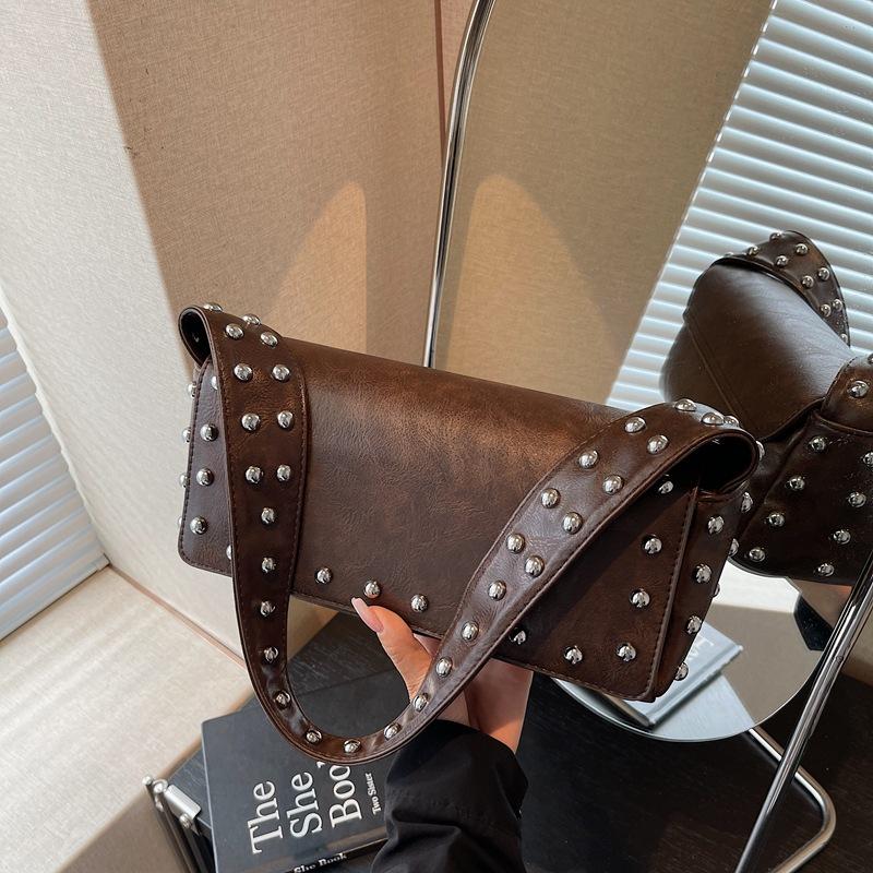 Rivet Small Bag Women's New Fashion Broadband Underarm Small Square Bag Autumn and Winter Retro Commuter Shoulder Bag