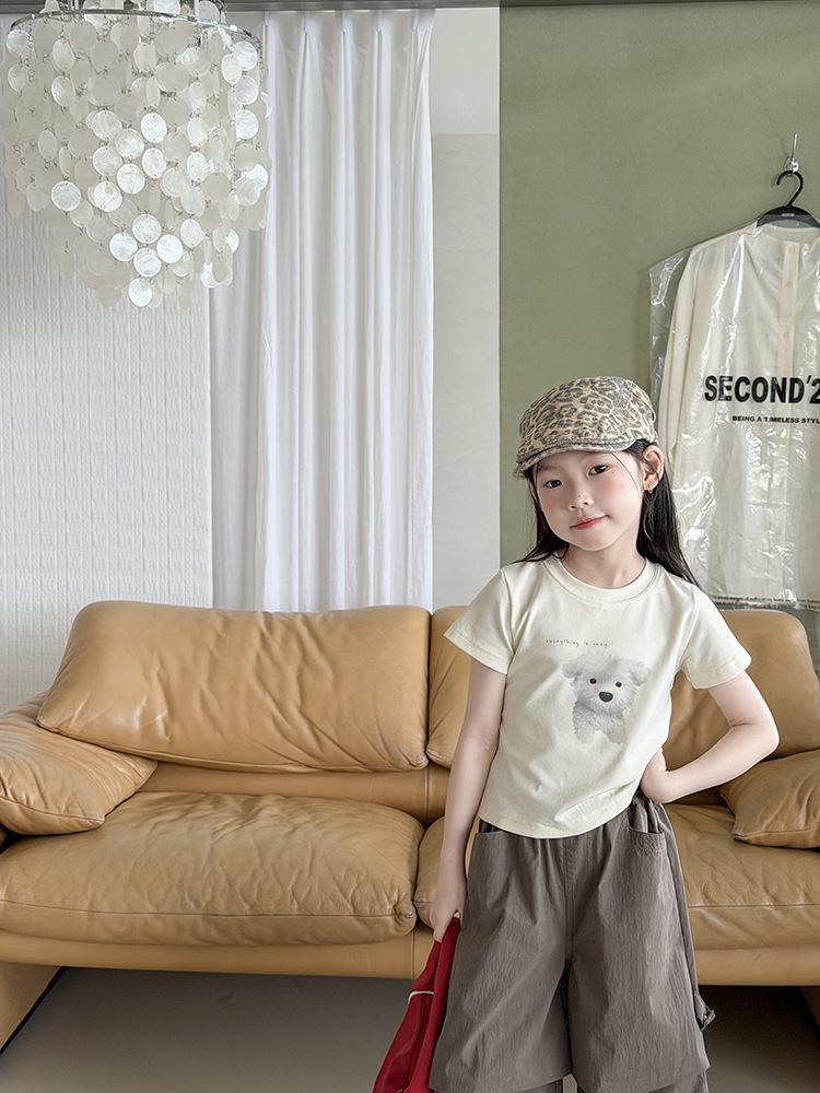 Summer Kids Fashion Spicy Girl Puppy Print Cropped T-Shirt – Slim Fit, Short Sleeve Top for Girls