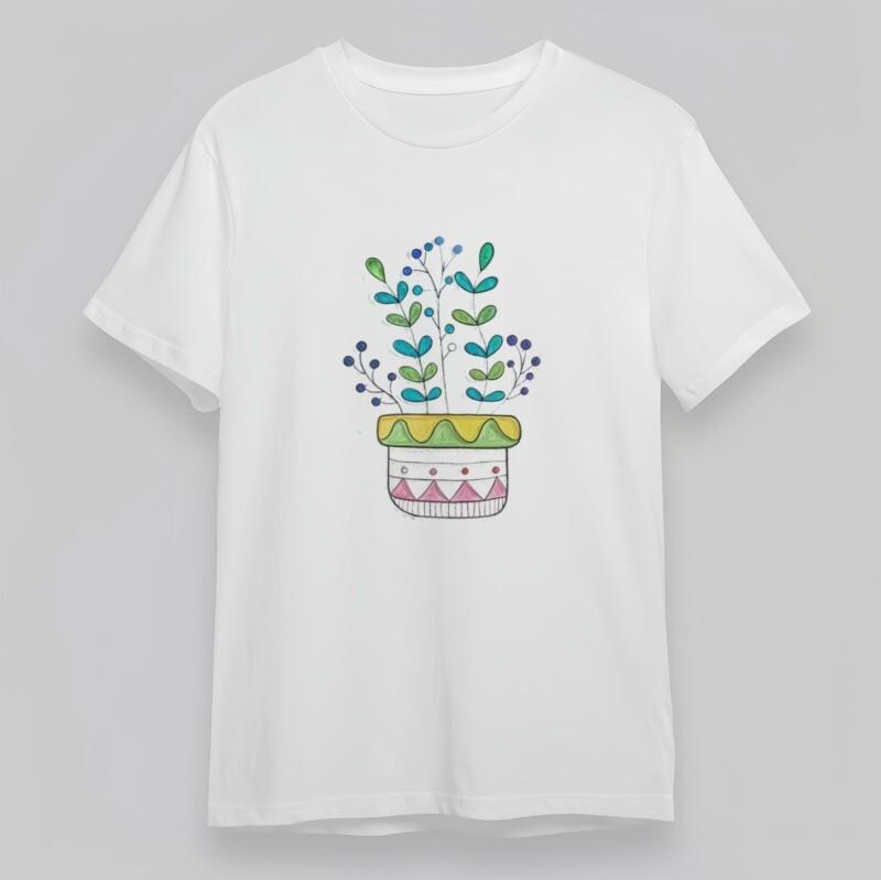 

Women s Soft T-Shirt Colorful Geometric Pot With Green Blue Leaves Oversize Tee 4XL
