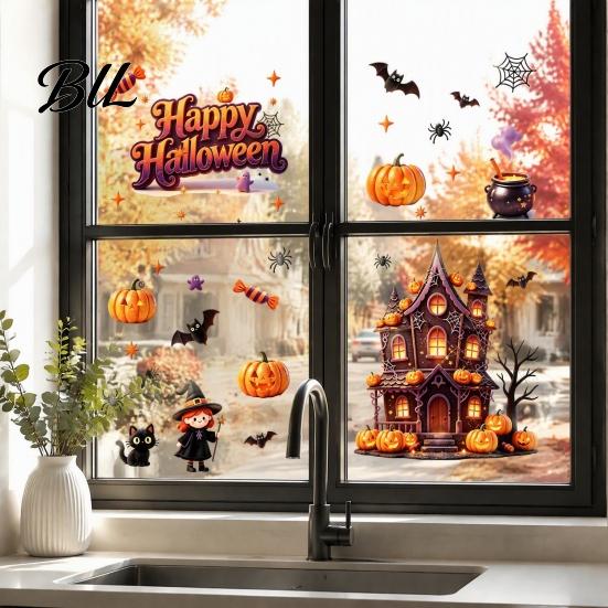 Waterproof PVC Glass Layout Supplies Halloween Static Window Clings, Spooky Haunted House Decals with Pumpkin Funny Holiday Party Room Decor
