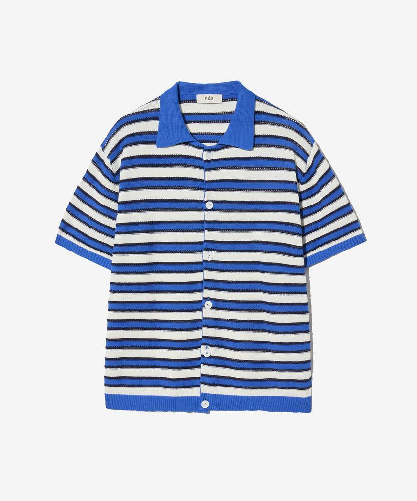 Ecorr Striped Collared Short Sleeve Cardigan_Blue