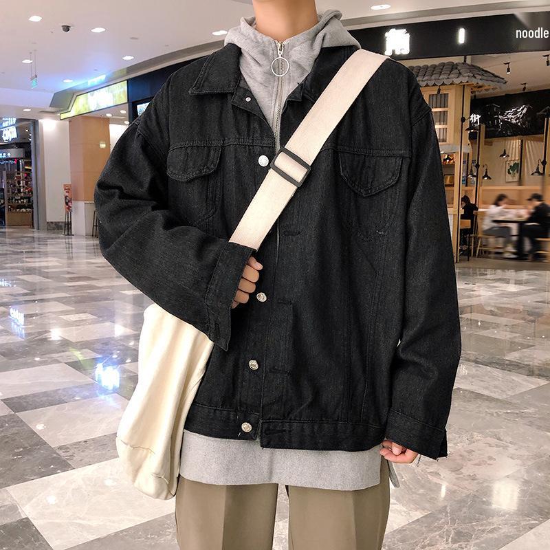Men's Trendy Korean Style Loose Denim Jacket - Long Sleeve, Solid Color, Hip Hop Youth Student Fashion