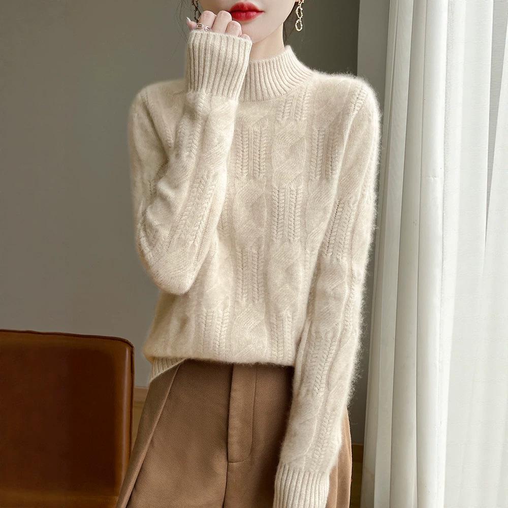100% Wool Chunky Knit Sweater - Thickened Warm Classic Retro Texture for Autumn/Winter
