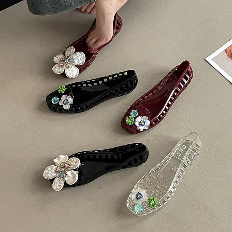 Fashion transparent crystal shoes new jelly shoes hollow single shoes women's 2025 summer casual sequins flower square head sandals