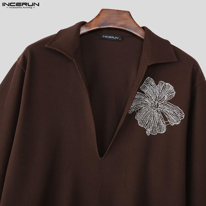 INCERUN Oversized Men 3/4 Sleeve Embroidery Texture Casual Loose T-shirts Tops