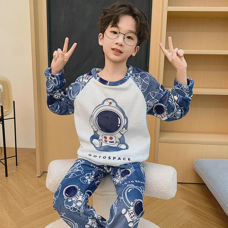 Kinder Cartoon Korallenfleece Pyjama - Warm, Dickes Flanell Rundhals für Jungen, Herbst/Winter Kollektion