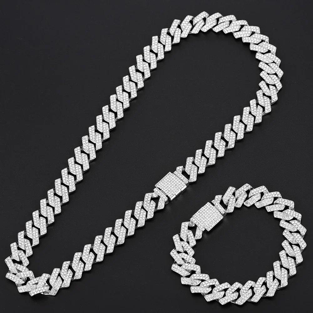 16mm Hip Hop Miami Cuban Link Chain Set Necklace +Bracelet Creative Iced Out Shiny Trendy Stylish Jewelry For Women Men set