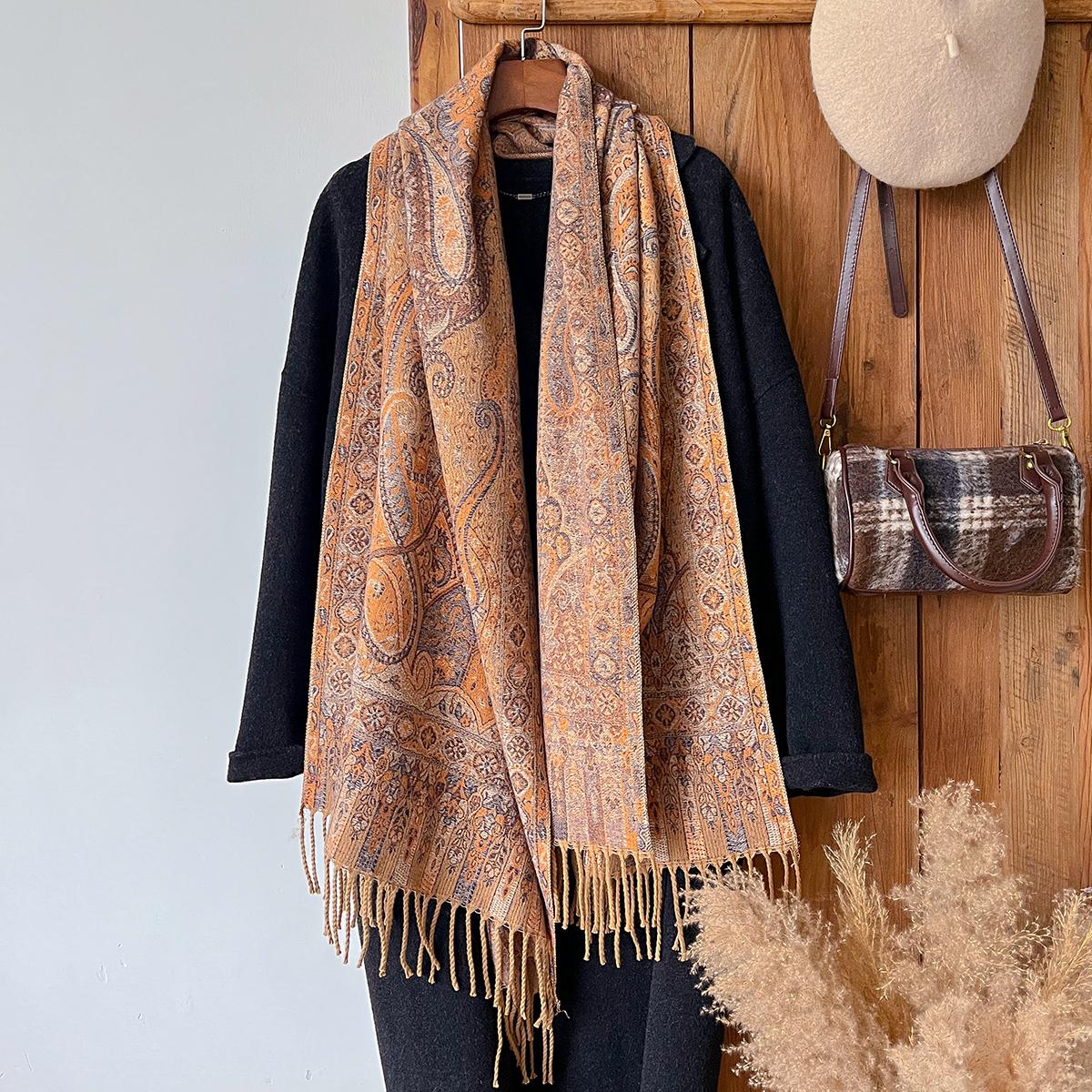 Châle Pashmina Épais d'Hiver pour Femmes Imprimé Cachemire Chaud Long Écharpe à Franges Poncho Étole Style National Résistant au Froid black