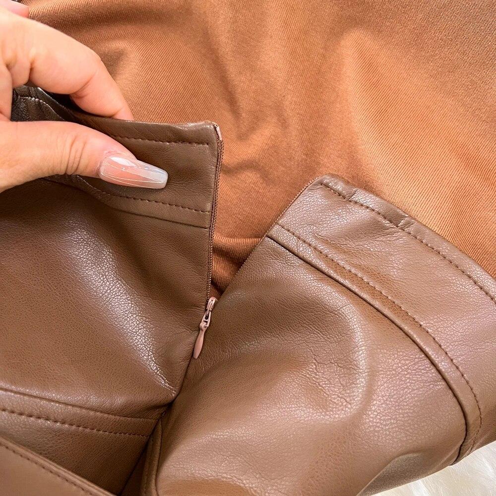 New Spring Women Long Sleeve Blouse Tops and Spaghetti Strap Faux Leather Slim Bodycon Pencil Dress Two Piece Set