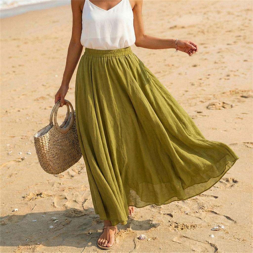 Women Casual Holiday Solid Cotton Linen Long Skirt A Line Beach Midi Skirt Elastic Waist Lightweight Flowing Design