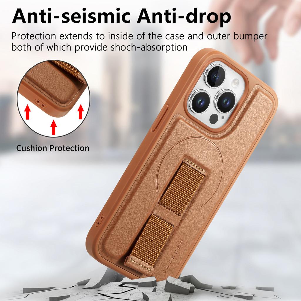 For iPhone 15 Pro Max Magnetic Case CASENEO Wristband PU Leather+PC Shockproof Phone Cover