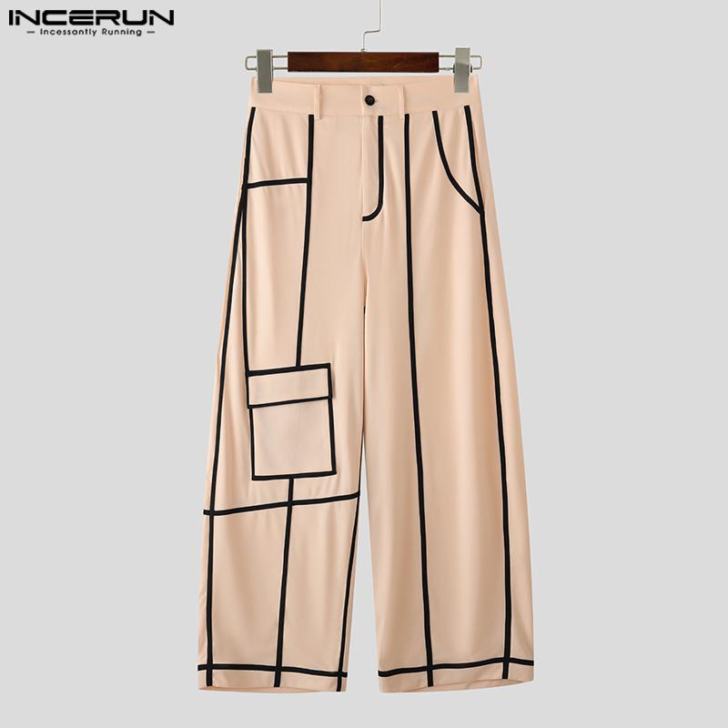INCERUN Men Zipper Waist Stitching Casual Long Trousers Wide Legs Pants
