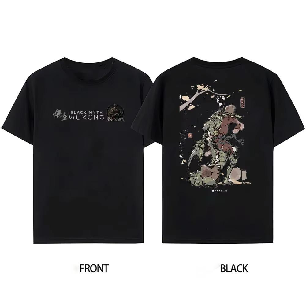 

Мужская футболка из хлопка с популярным рисунком Black Myth Wukong Sun Wukong спереди и сзади, футболка Wukong Game Clearance, футболка с коротким рукавом S чёрный