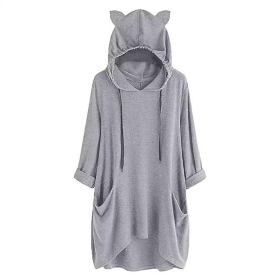 Women Long Pullover Hoodie Irregular Hem 3/4 Sleeve Sweatshirts Cat Ear Hooded Tunic Tops with Pockets