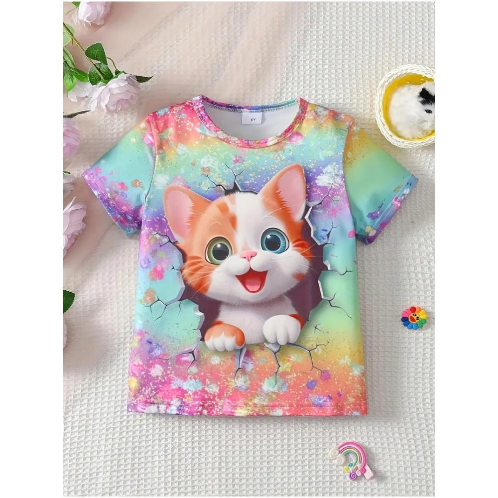 

2025 Одежда для девочек Милые футболки с короткими рукавами и принтом кота 3D-принт Летняя одежда для детей Верхняя одежда Футболка 130
