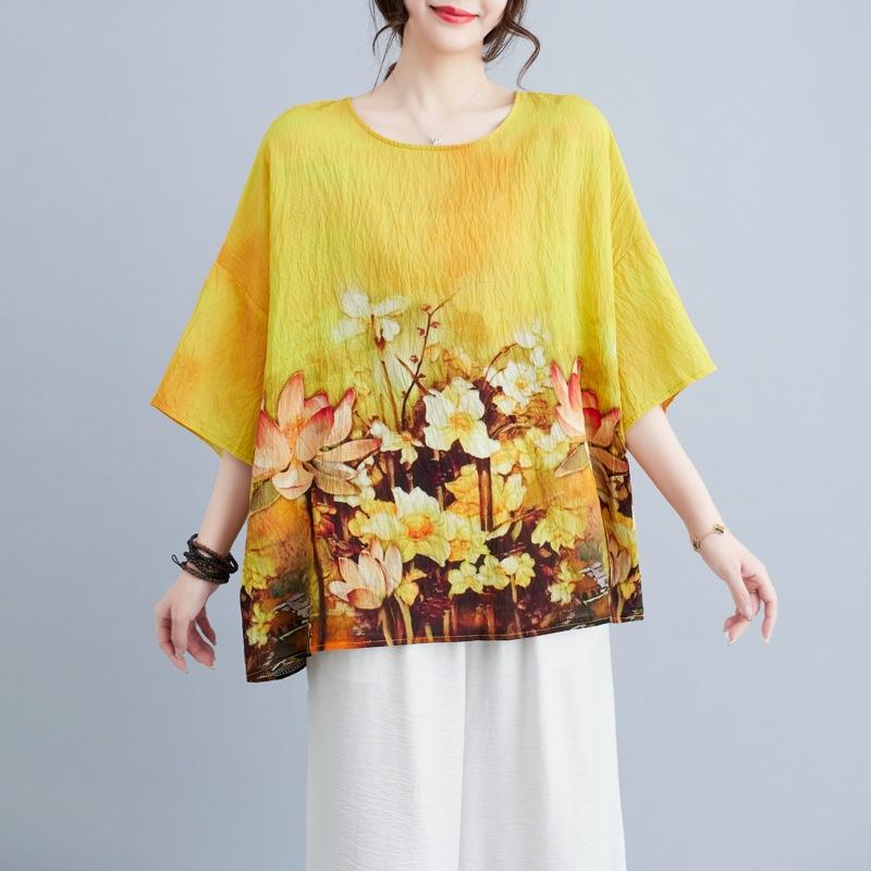 

Летняя блузка в этническом стиле из конопли и хлопка, рукав летучая мышь, свободная, оверсайз, футболка с круглым вырезом, повседневная, удобная для женщин one size жёлтый