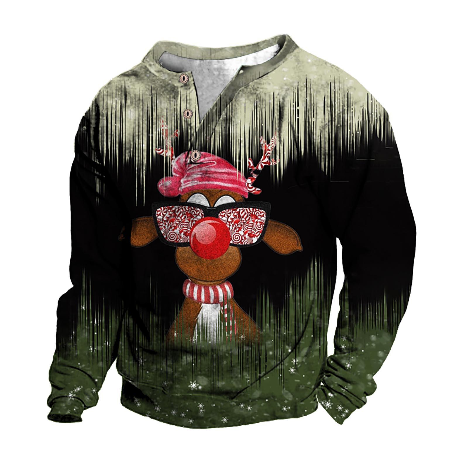 

Рождественский свитер с v-образным вырезом, мужской воротник-стойка с 3D цифровой печатью, винтажный воротник с 3 пуговицами XXXL зелёный