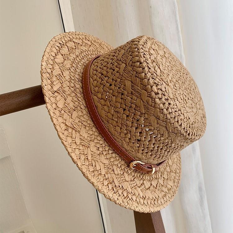 British Style Retro Flat Top Straw Hat Women'S Summer Hollow Sunshade Sunscreen Hat Seaside Vacation Style Straw Sun Hat