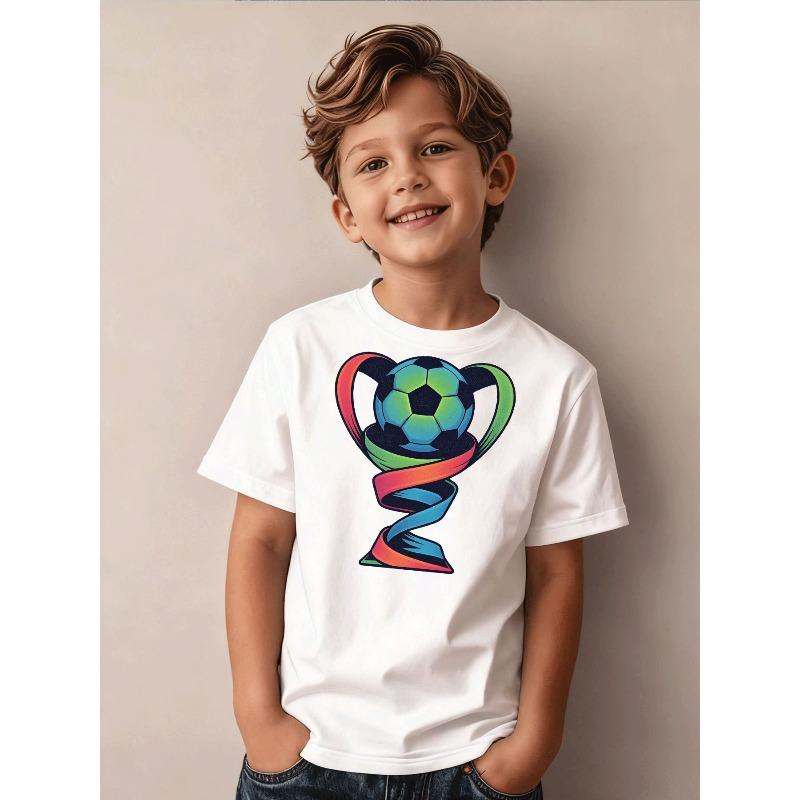 Boys Colorful Soccer Trophy Print Black Crewneck Casual T-Shirt 110 белый