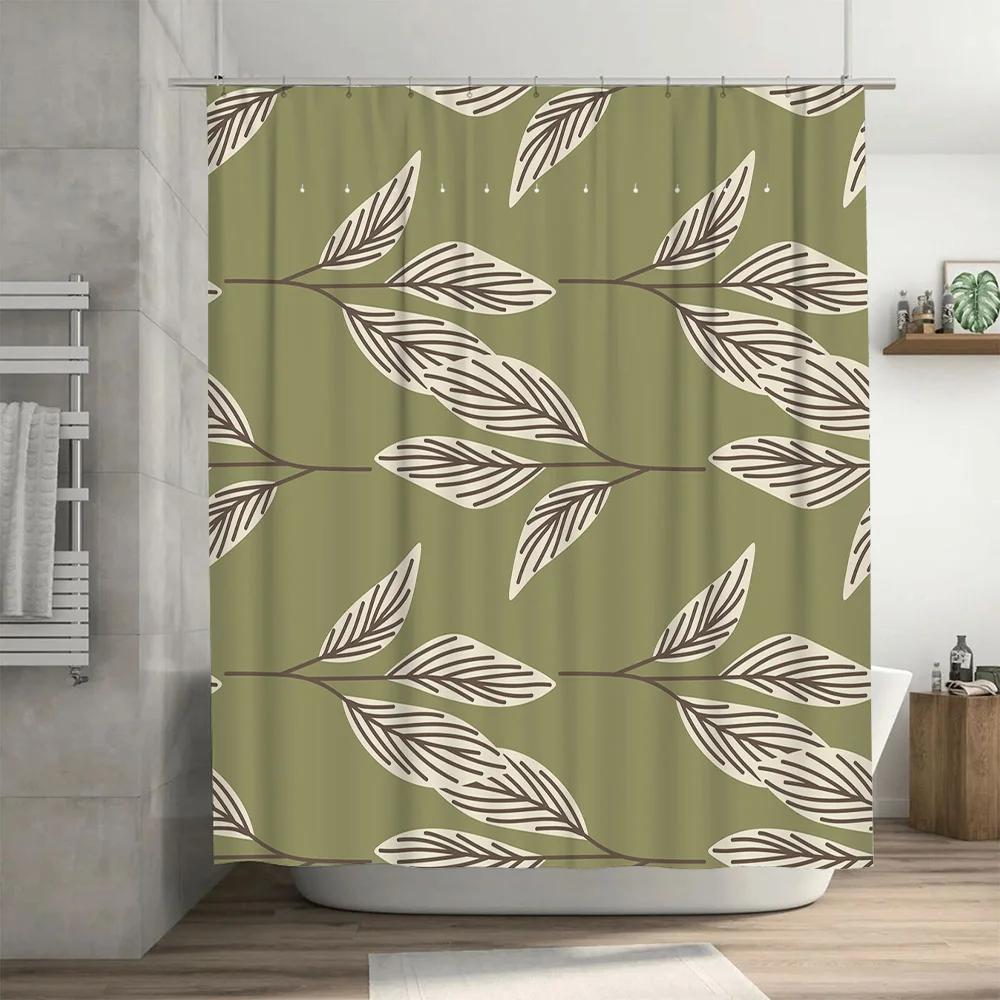 Green Leaves Shower Curtain Modern Bathroom Decor Waterproof Fabric Bath Towel Holders Home Textile Accessories