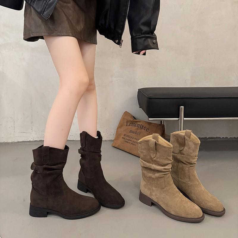 Fashion New Style Women's Natural Suede Leather Small Square Toe Slip-on Autumn Pleated Knee High Boots Casual Female Punk Western Boots